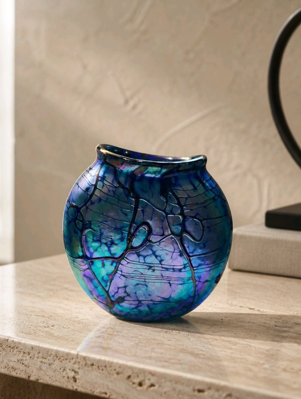 Vintage Mark Chapman Studio Art Glass. Webbed Iridescent Blue Durand Style Vase